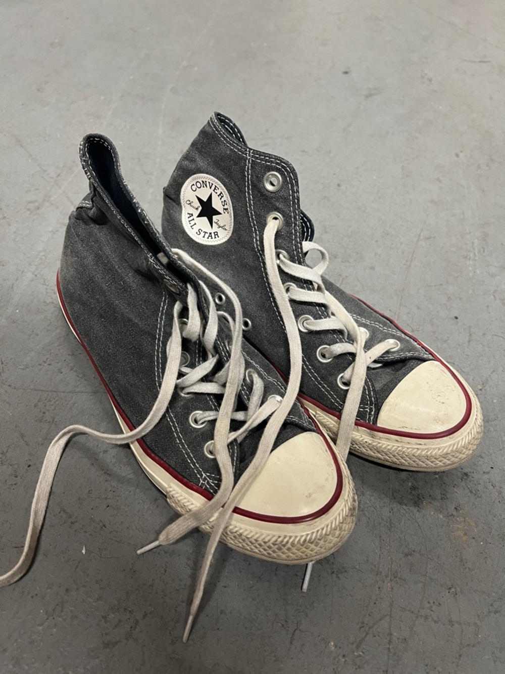 Converse High Top Sneakers - Charcoal Gray with White and Red Accents Women 7